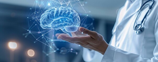 Poster - Innovative healthcare and medicine: doctor showcasing futuristic holographic projection of the human brain