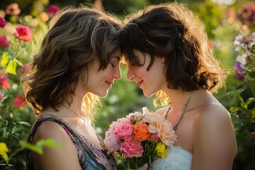 mother and daughter sharing a special moment with a flower surprise