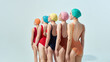 © master1305 - Group of women in colorful swimsuits and caps posing back to camera against light blue background. Concept of summer, vintage style, diversity, swimsuit fashion, synchronized harmony