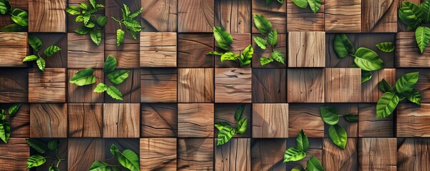 Aufkleber - Green leaves are growing from a wall covering made of small wooden blocks