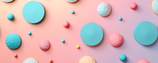 Fototapete - Pastel colored 3d geometric shapes floating on a gradient pink and yellow background