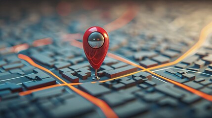 Leinwandbilder - Bright red pin marks a target on a city map with glowing lines indicating the destination