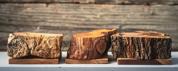 Aufkleber - Three wooden podiums crafted from tree trunks sit on a table with a rustic wooden backdrop