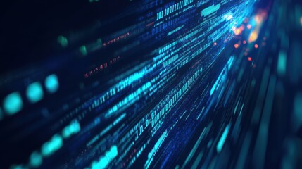 Fototapete - A dynamic abstract background featuring glowing blue and green programming code flowing across a dark digital surface. The text appears in motion, creating a futuristic, high-tech atmosphere