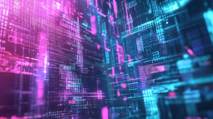 Fototapete - A high-tech holographic background with transparent layers of programming code floating in a digital space. The glowing cyan and purple tones enhance the futuristic, AI-inspired aesthetic