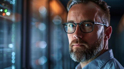 Aufkleber - It engineer with glasses monitoring network system in data center with servers