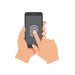 Hands interacting with smartphone touch screen in flat minimal vector art