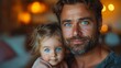 © Surachetsh - A new father and his baby daughter, both with striking blue eyes, share a moment of love in a cozy environment, their gaze reflecting the deep bond between them.