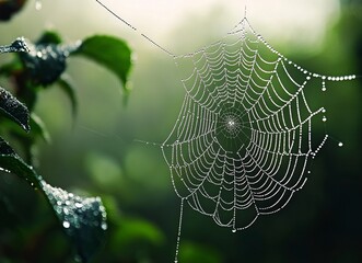 Wall Mural - Close-up of a spider web with dew drops on it, blurry background of a green forest in the distance, macro photography, stock photo.