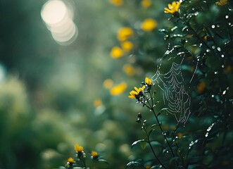 Wall Mural - Close-up of a spider web with dew drops on it, blurred background, green and yellow color palette, nature photography, stock photo style.