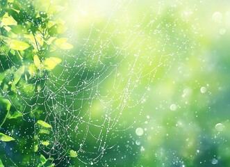 Wall Mural - Close-up of a spider web with dew drops on it, blurred background, green and yellow color palette, nature photography, stock photo style.