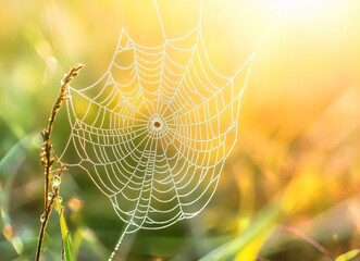 Wall Mural - Close-up of a spider web with dew drops on it, blurred background, green and yellow color palette, nature photography, stock photo style.