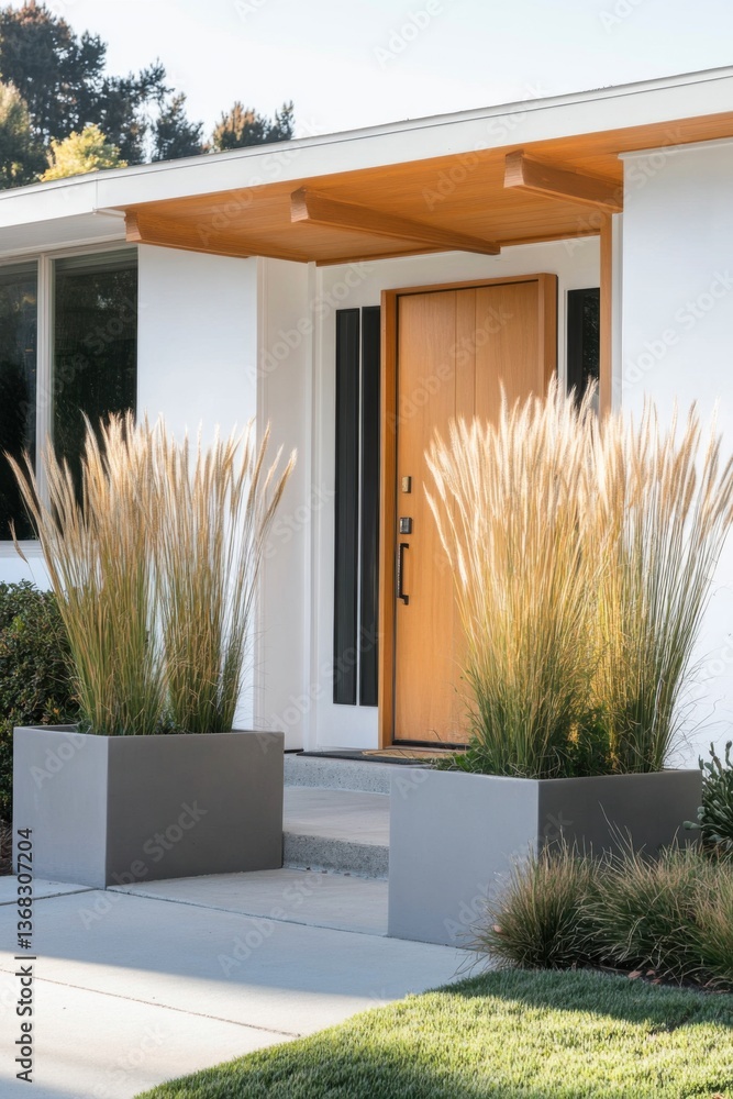 Modern home entrance features tall ornamental grasses in sleek planters ...