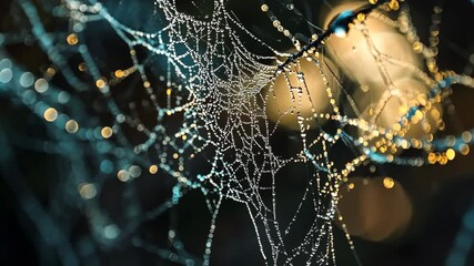 a close-up of dew-covered spiderweb glistening in the morning light digital