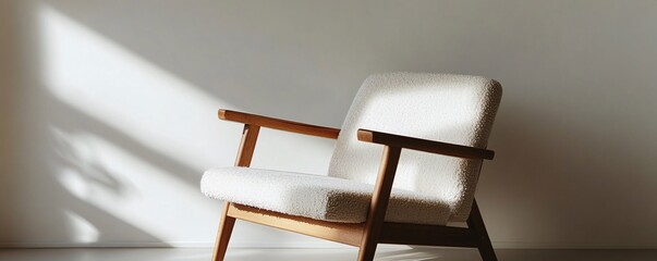 Poster - Comfortable white armchair illuminated by sunlight in minimalist room