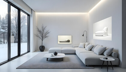 a high-tech smart home with sleek, white minimalist interiors, automated lighting, and a futuristic 