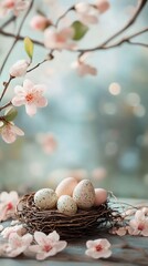Wall Mural - Easter eggs nest resting on rustic wood with blooming peach tree branches