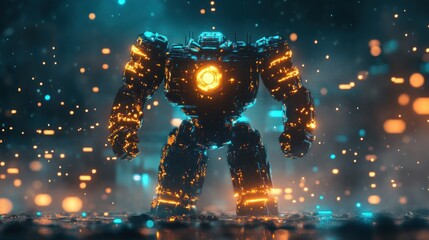 A formidable robot glows amid scattered light in the darkness