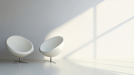 Poster - Two white modern round chairs in minimalist room with window light
