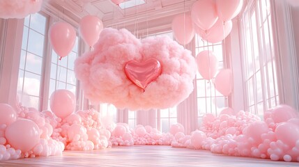 Poster - Pink balloons and heart shaped cloud floating in elegant room