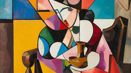 Wall Mural - captivating cubist painting of a man rendered in fragmented shapes and bold brushwork illustrating a