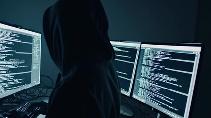 Hooded coder programming on multiple monitors