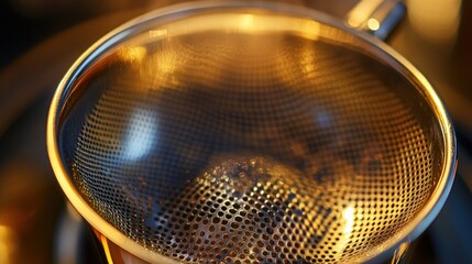 A shiny metal sieve resting on an out of focus background