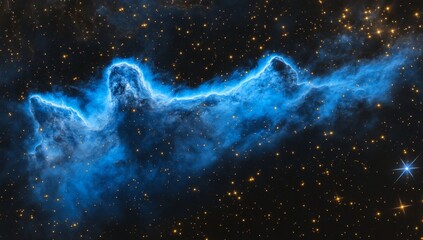 A blue nebula cloud in deep space, against a dark background, with a cinematic feel