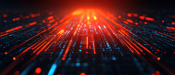 vibrant digital landscape with glowing red and blue lines representing data flow, creating sense of speed and technology