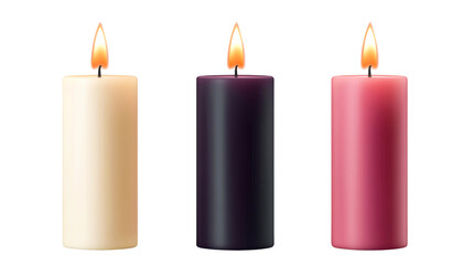 Wall Mural - three candles of cream, black, pink color with flame, cut out transparent