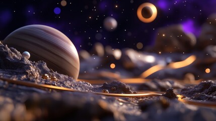Wall Mural - exploration of a distant planet with rings and floating celestial bodies under a starry night sky
