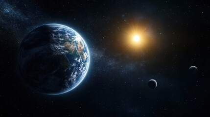 Wall Mural - a breathtaking 3d view of earth and the moon, illuminated by the distant sun