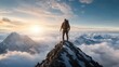 © Freshpixel - A triumphant hiker stands atop a mountain peak at sunrise, bathed in golden light, symbolizing exploration and the beauty of nature, inspiring adventure and self-discovery.