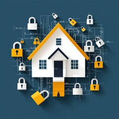 Wall Mural - digital house blueprint surrounded by floating padlocks