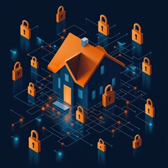 Wall Mural - digital house blueprint surrounded by floating padlocks