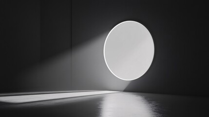 Fototapete - Light beam entering dark room through circular window illuminating reflective floor