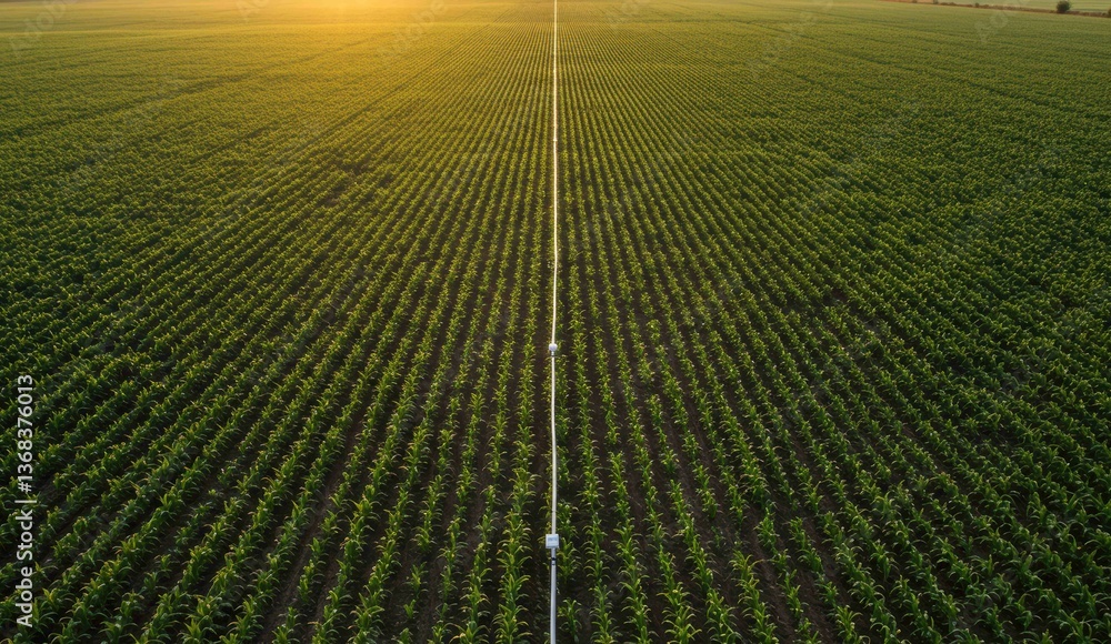 Aerial view of green cornfield with irrigation system at sunset showcasing agricultural beauty and rural life.