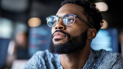 thoughtful man with glasses and beard deep in thought while working on computer in a modern office e