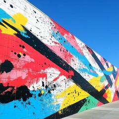 Poster - Dynamic Urban Art: A Vivid Display of Colorful Paint Splashes Against a Clear Blue Sky Backdrop