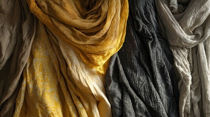 Fototapete - Delicate Layers of Fine Textured Fabrics in Varied Tones of Yellow Gray and Beige for Artistic Background