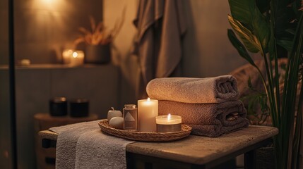 Aufkleber - Tranquil spa retreat with soft towels candles and soothing aroma creating a relaxing atmosphere in a warm blackground