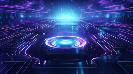 Poster - A high-tech abstract background with low-light glowing purple tones, featuring a black grid and box elements.