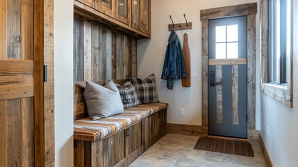 Leinwandbilder - Rustic entryway design with wooden bench denim jacket and vintage paddle at modern home interior