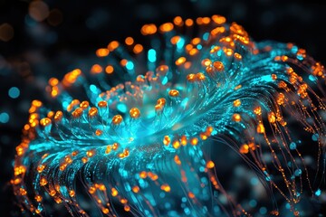 Wall Mural - a mesmerizing bioluminescent bloom, showcasing vibrant teal and orange hues in a deep, dark expanse 