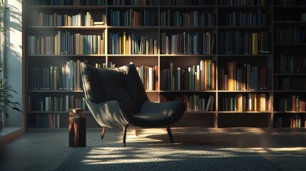 Poster - Serene interior ambient of cozy library with stylish chair soft carpet and warm sunlight creating inviting place