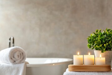 Aufkleber - Serene Spa Ambience with Bathtub Rolled Towel Plant and Burning Candles for Relaxation and Comfort