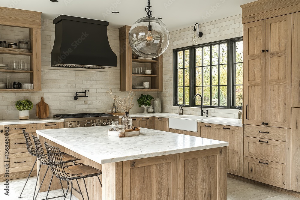 Modern farmhouse kitchen with light wood cabinets, white marble ...