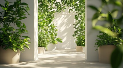 Poster - Indoor Greenery Oasis Doorway to Nature Minimalist Zen Plants Serene Light Tranquility Home Decor Organic Interior Design