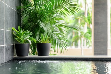 Poster - Serene Spa Decor with Lush Tropical Plants Indoor Tranquil Setting Palm Leaves and Water Display