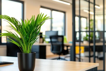Aufkleber - Modern office setting vibrant green plant in a sleek black pot on a wooden desk bright windows background contemporary workplace
